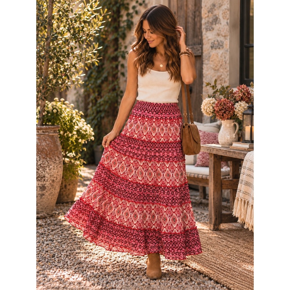 Dana Buchman Maxi Skirt Women's M Red Pink Tiered Boho Paisley Geometric Print